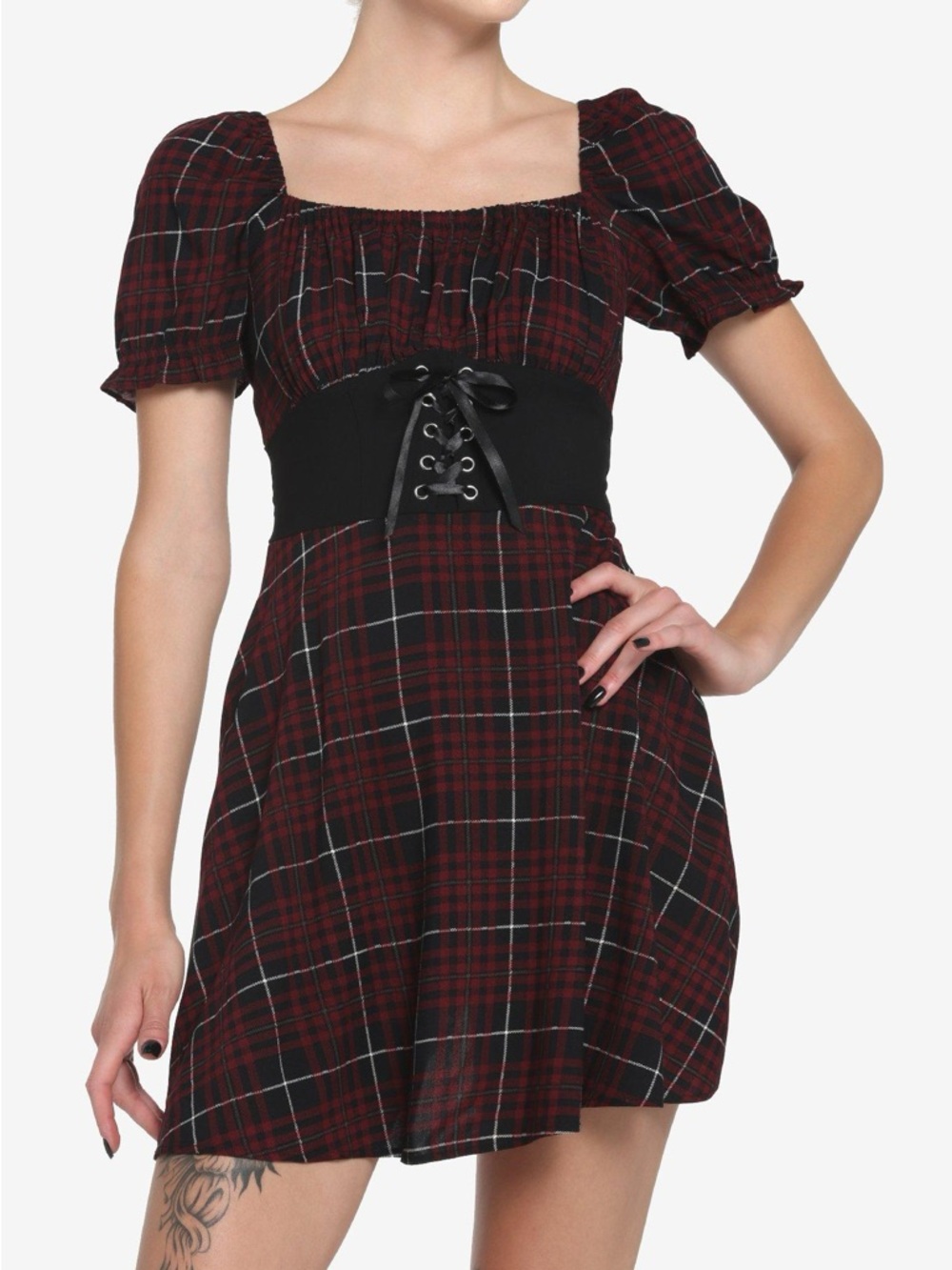 Goth Burgundy Plaid Corset Waist Hot Topic Dress EUC